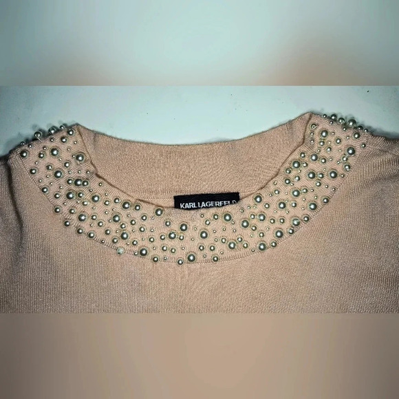 Karl Lagerfeld Paris Faux Pearl Neck Pale Pink  Lightweight Pullover Sweater, M - Picture 3 of 11